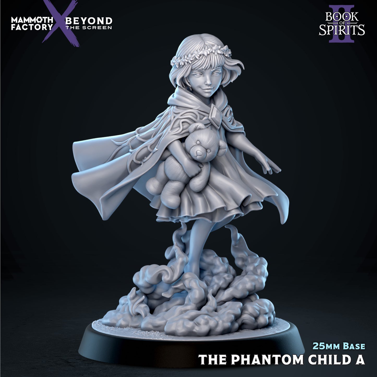 Front view render of The Phantom Child Variant A, a spectral young girl miniature with a floral crown, wearing a flowing tattered cloak and dress while clutching a teddy bear, levitating on swirling smoke over a round base.