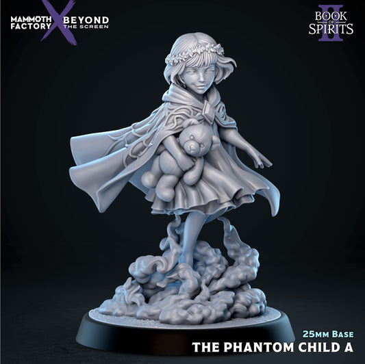 Front view render of The Phantom Child Variant A, a spectral young girl miniature with a floral crown, wearing a flowing tattered cloak and dress while clutching a teddy bear, levitating on swirling smoke over a round base.