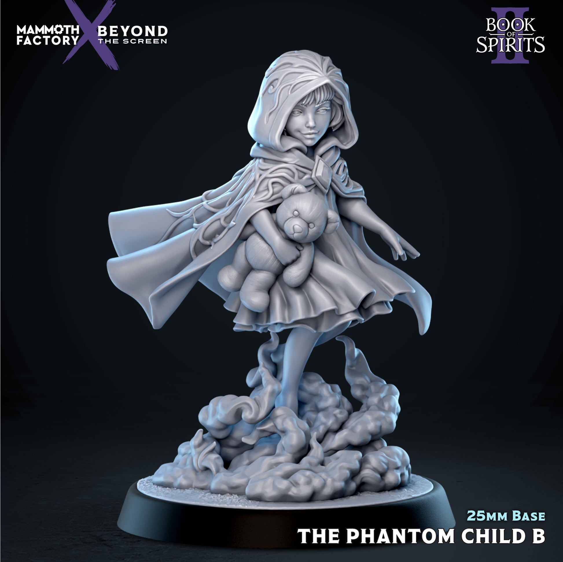 Front view render of The Phantom Child Variant B, featuring the same ghostly girl holding a teddy bear but styled with an attached patterned hood over her head, floating atop custom mist elements.
