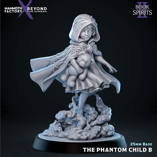 Front view render of The Phantom Child Variant B, featuring the same ghostly girl holding a teddy bear but styled with an attached patterned hood over her head, floating atop custom mist elements.