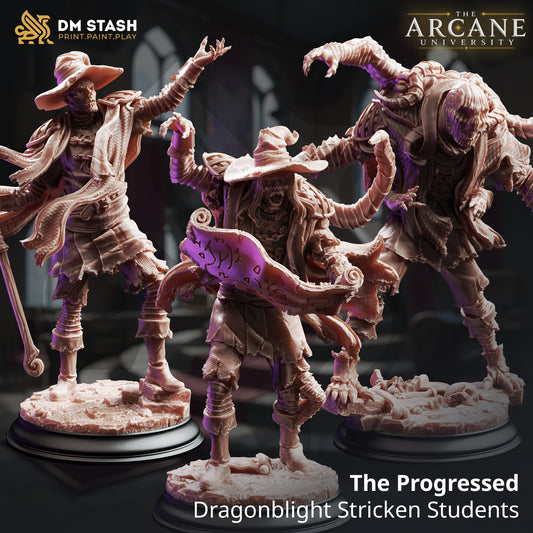 A 3D-rendered set of three dark fantasy mutant miniatures titled "The Progressed - Dragonblight Stricken Students" by DM Stash. The models depict humans in tattered wizard robes and hats undergoing horrifying physical mutations and sprouting additional arms.