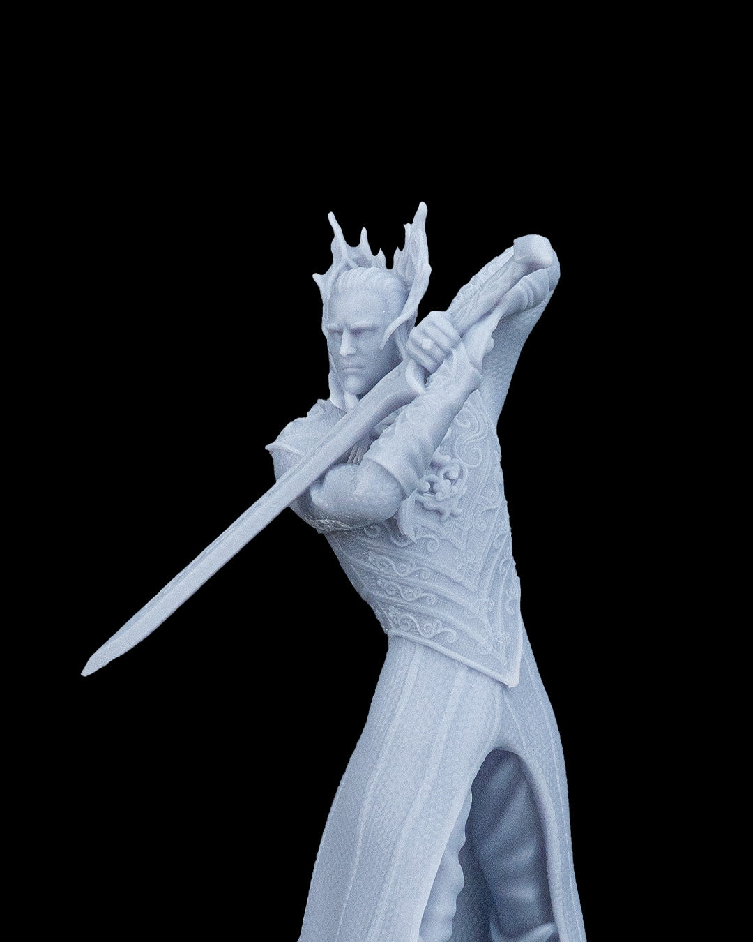 Extreme close up macro shot showing the sharp facial details, pointed ears, and intricate crown of the unpainted resin elven king.
