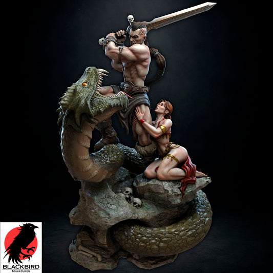 The Sword and the Basilisk fantasy diorama showing a sword-wielding warrior, female companion, and coiled basilisk on a rocky scenic base.