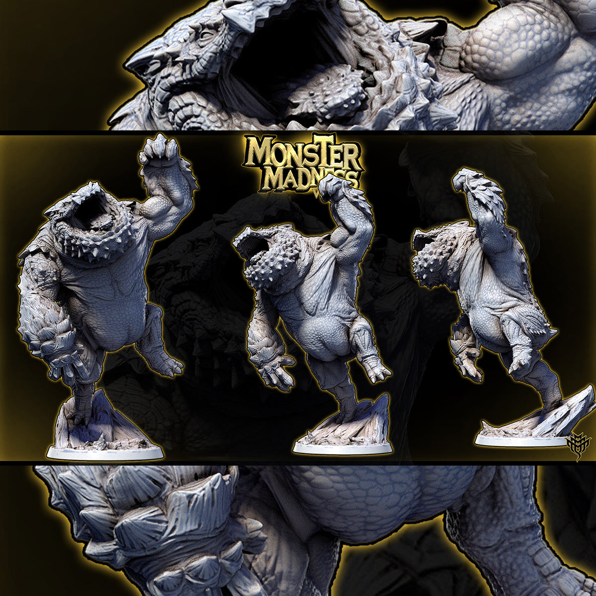 Multi-angle render preview of Theodlash Pose 02 balanced on rock terrain reaching upwards with an open jaw.