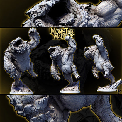 Multi-angle render preview of Theodlash Pose 02 balanced on rock terrain reaching upwards with an open jaw.