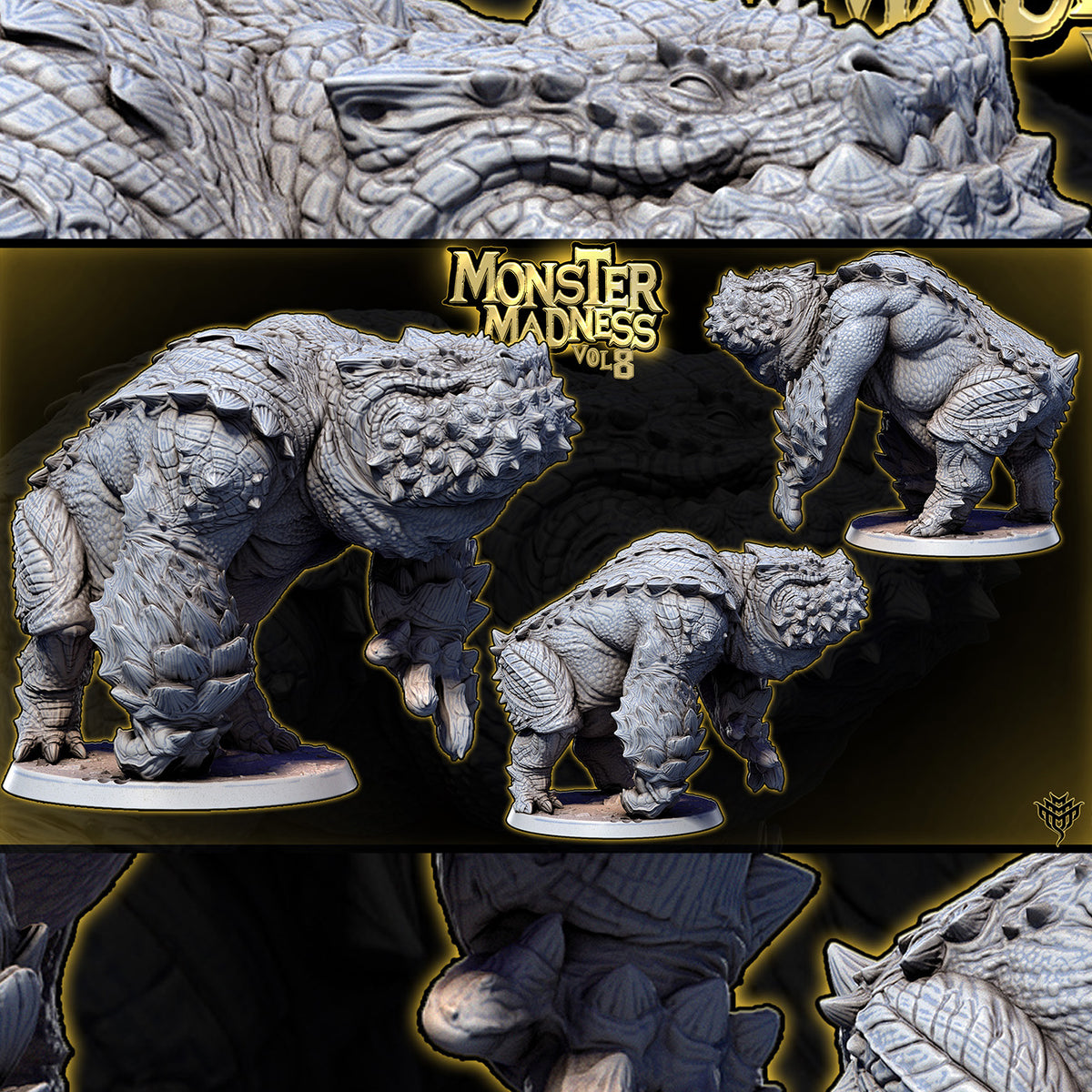Multi-angle render preview of Theodlash Pose 03 crouched low in a quadrupedal stalking stance.