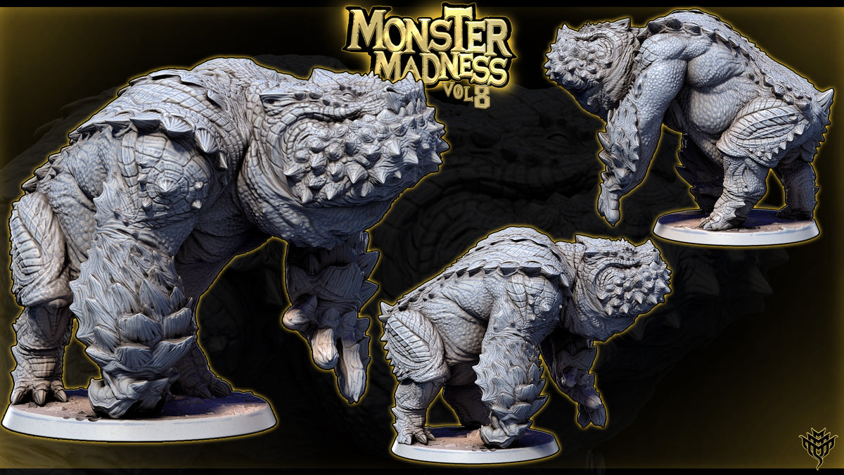 Studio render composite of Theodlash Pose 03 showing the quadrupedal stance from three side angles.