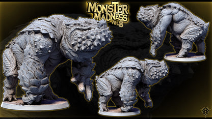 Studio render composite of Theodlash Pose 03 showing the quadrupedal stance from three side angles.