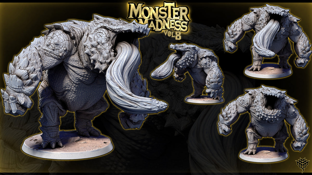 Studio render composite of Theodlash Pose 04 showing the open maw with and without the extended tongue option.