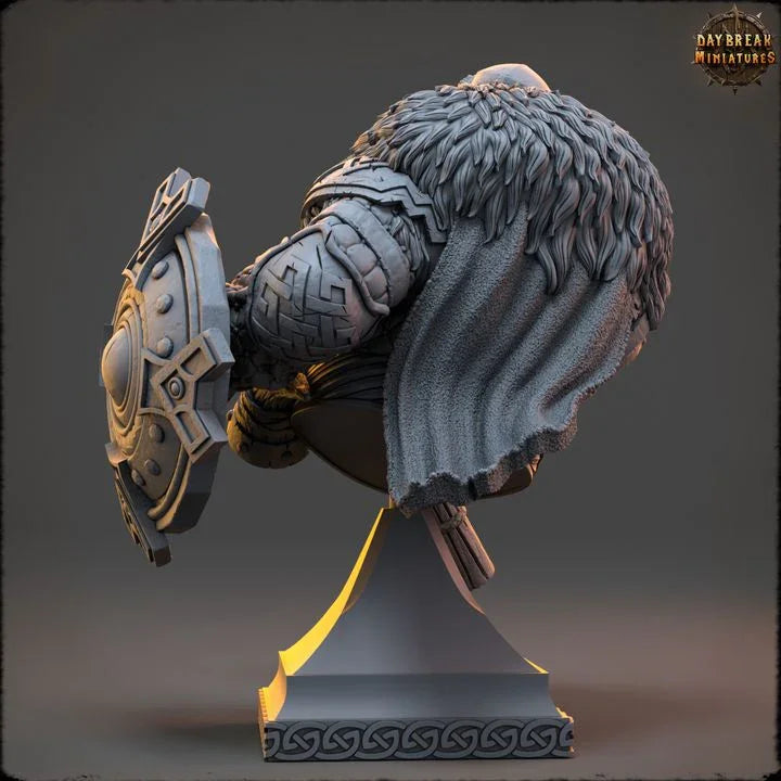 Rear view of Thormund Warfury Dwarf Fighter display bust showing detailed hair, fur, armor, and warhammer.