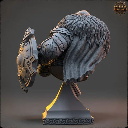 Rear view of Thormund Warfury Dwarf Fighter display bust showing detailed hair, fur, armor, and warhammer.
