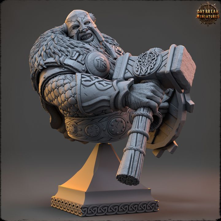 Thormund Warfury Dwarf Fighter display bust with heavy armor, braided beard, fur details, and massive warhammer.