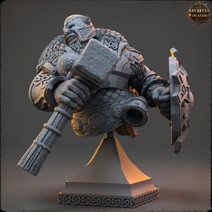 Thormund Warfury Dwarf Fighter bust showing layered armor, fur mantle, and detailed warhammer.