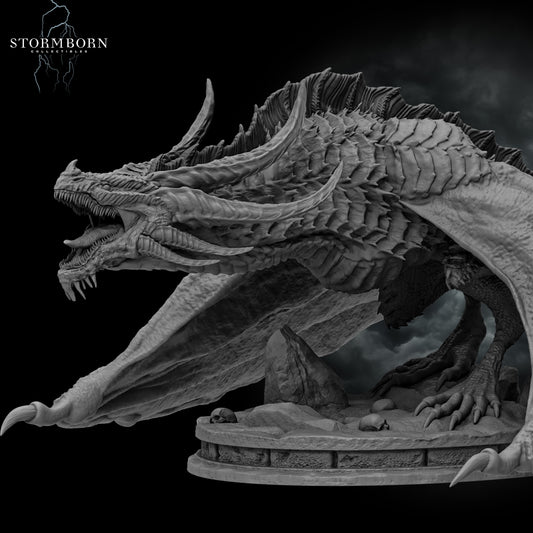 Close-up shot of the Thornscale Dragon highlighting horned head detail and textured scales by Stormborn Collectibles.
