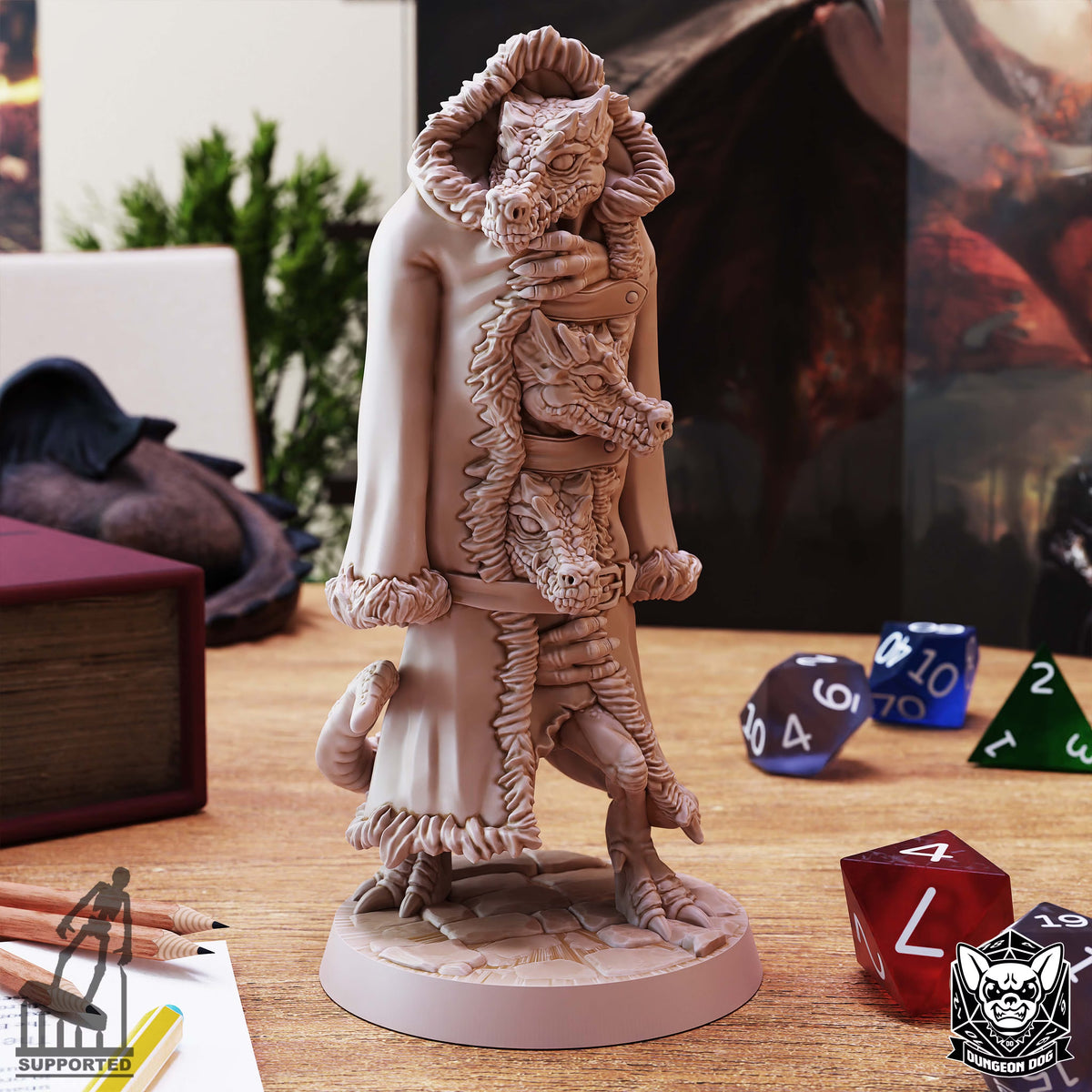 Angled front view of Three Kobolds in a Trenchcoat showing layered kobold heads, leather straps, and clawed feet.