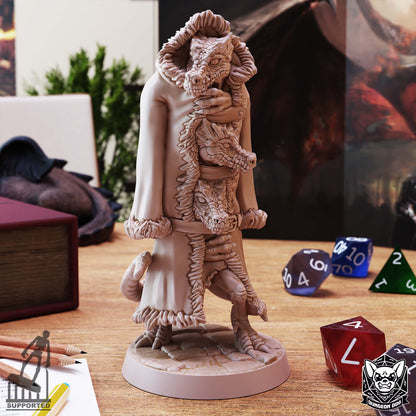 Angled front view of Three Kobolds in a Trenchcoat showing layered kobold heads, leather straps, and clawed feet.