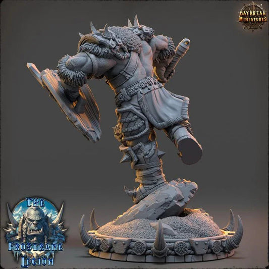Rear view of Throggar Wolfbane Orc Fighter showing layered heavy armor and spiked details.