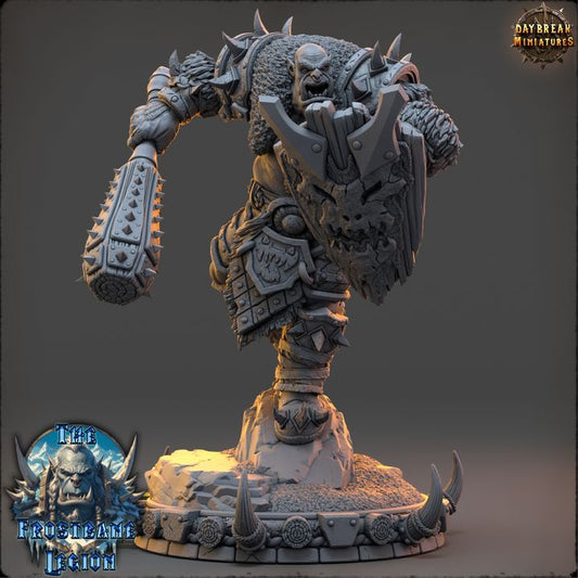 Throggar Wolfbane Orc Fighter miniature with heavy armor, bludgeoning weapon, and rugged shield.