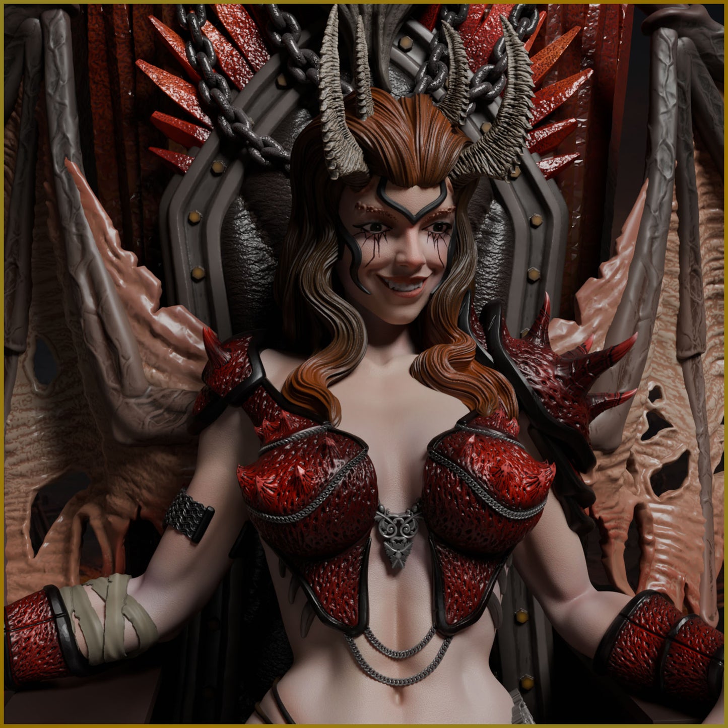 Close-up of the main character from the painted Throne of the Damned fantasy resin display model.