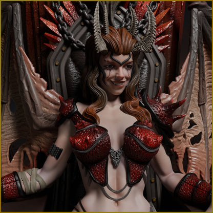 Close-up of the main character from the painted Throne of the Damned fantasy resin display model.