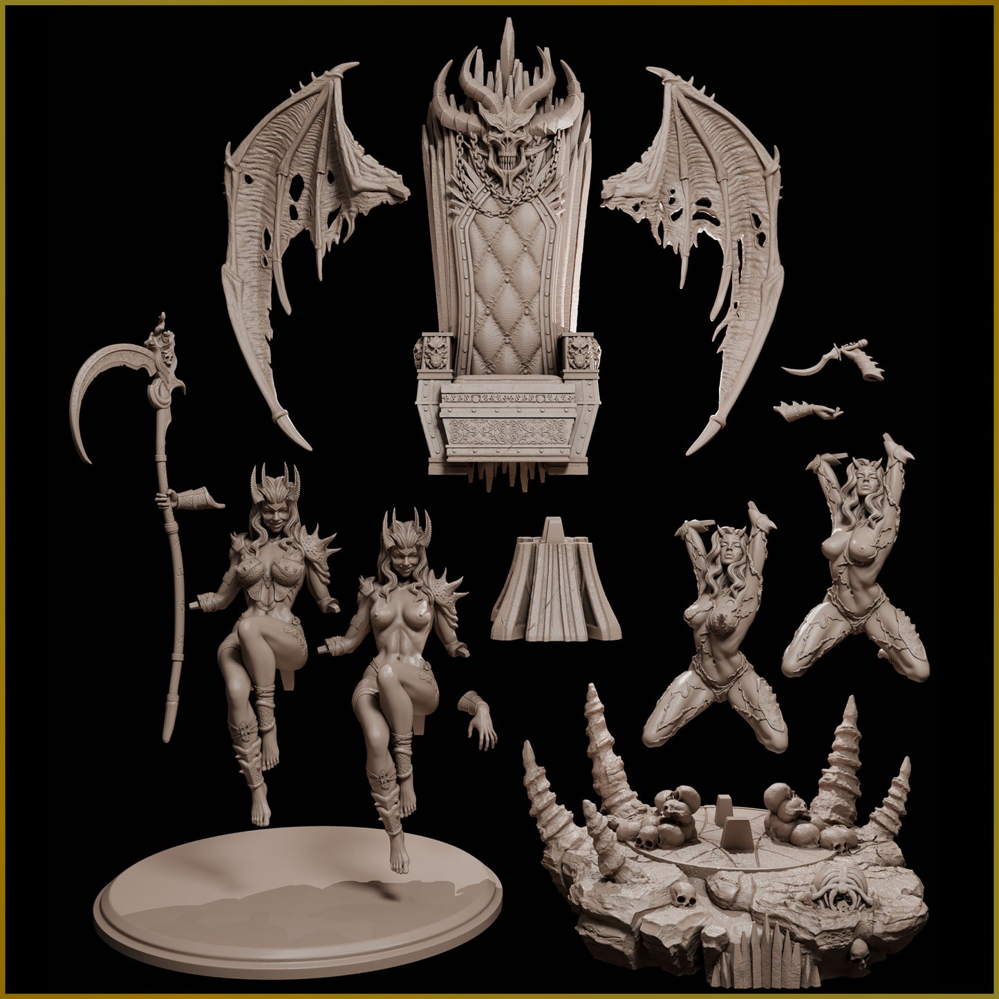 Throne of the Damned resin display model kit layout showing all the SFW and NSFW parts.