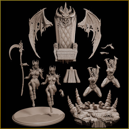 Throne of the Damned resin display model kit layout showing all the SFW and NSFW parts.