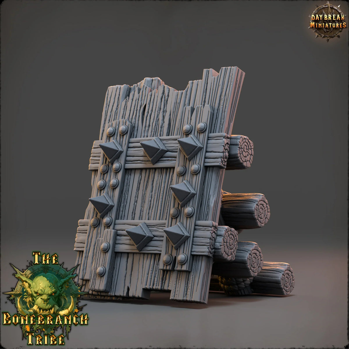 Thumper Board scatter terrain prop made from rough wooden planks, stacked logs, rope bindings, and metal spikes.