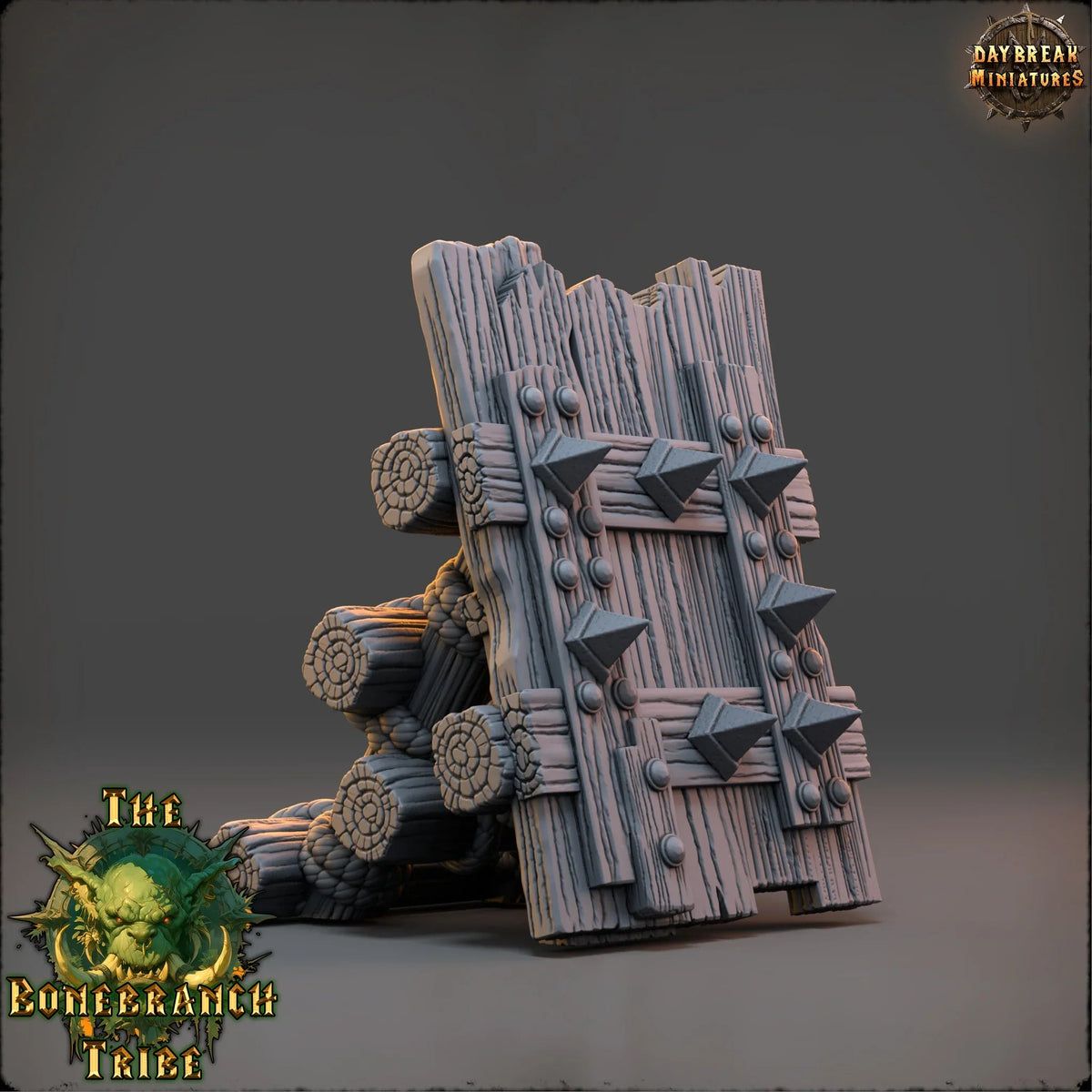 Angled view of the Thumper Board wooden barricade showing reinforced planks, spikes, and log supports.