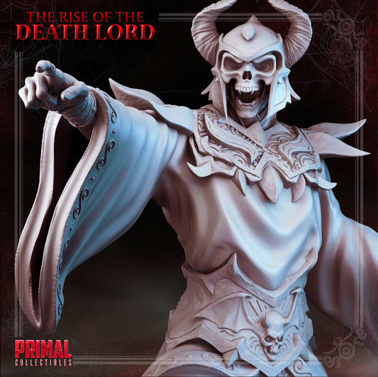 Close-up of Thurgoth Death Lord with skeletal face, horned helm, ornate armor, and flowing robes.
Focal: Skull face.