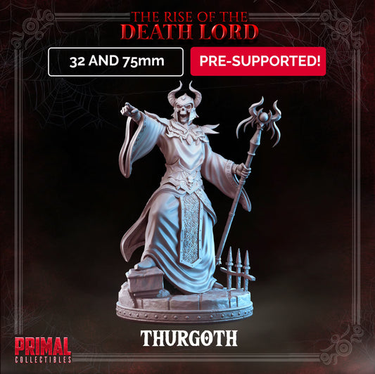 Thurgoth Death Lord undead wizard resin miniature by PRIMAL Collectibles in 32mm and 75mm scales.