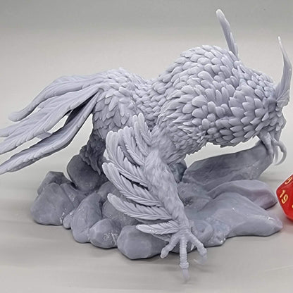 Side perspective of the printed Titancrest Owlbear resin miniature showing body plumage by Stormborn Collectibles.