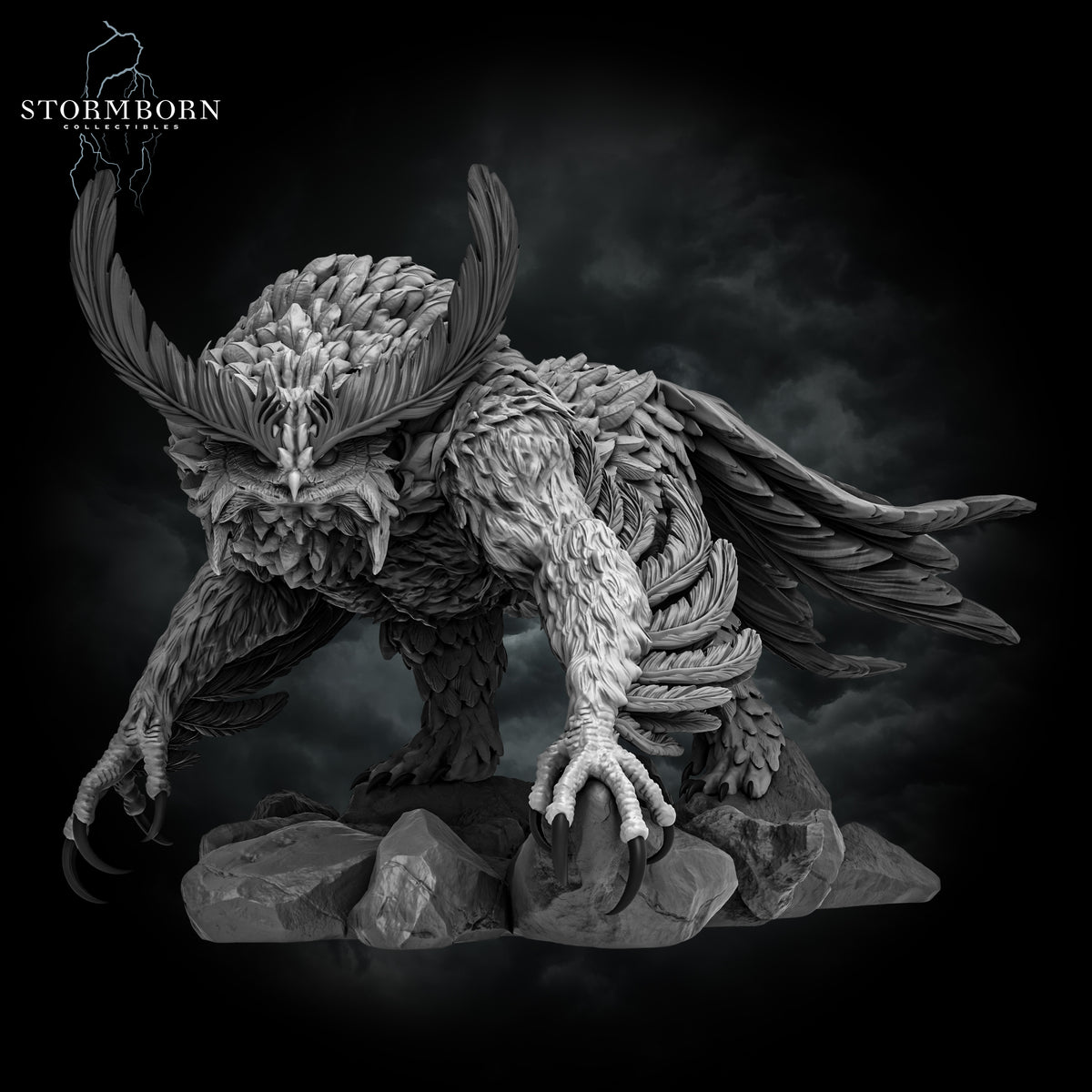 Digital render front view of the Titancrest Owlbear miniature crouched on rocks by Stormborn Collectibles.