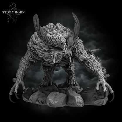 Full body render showing the crouching posture and front feathers of the Titancrest Owlbear by Stormborn Collectibles.