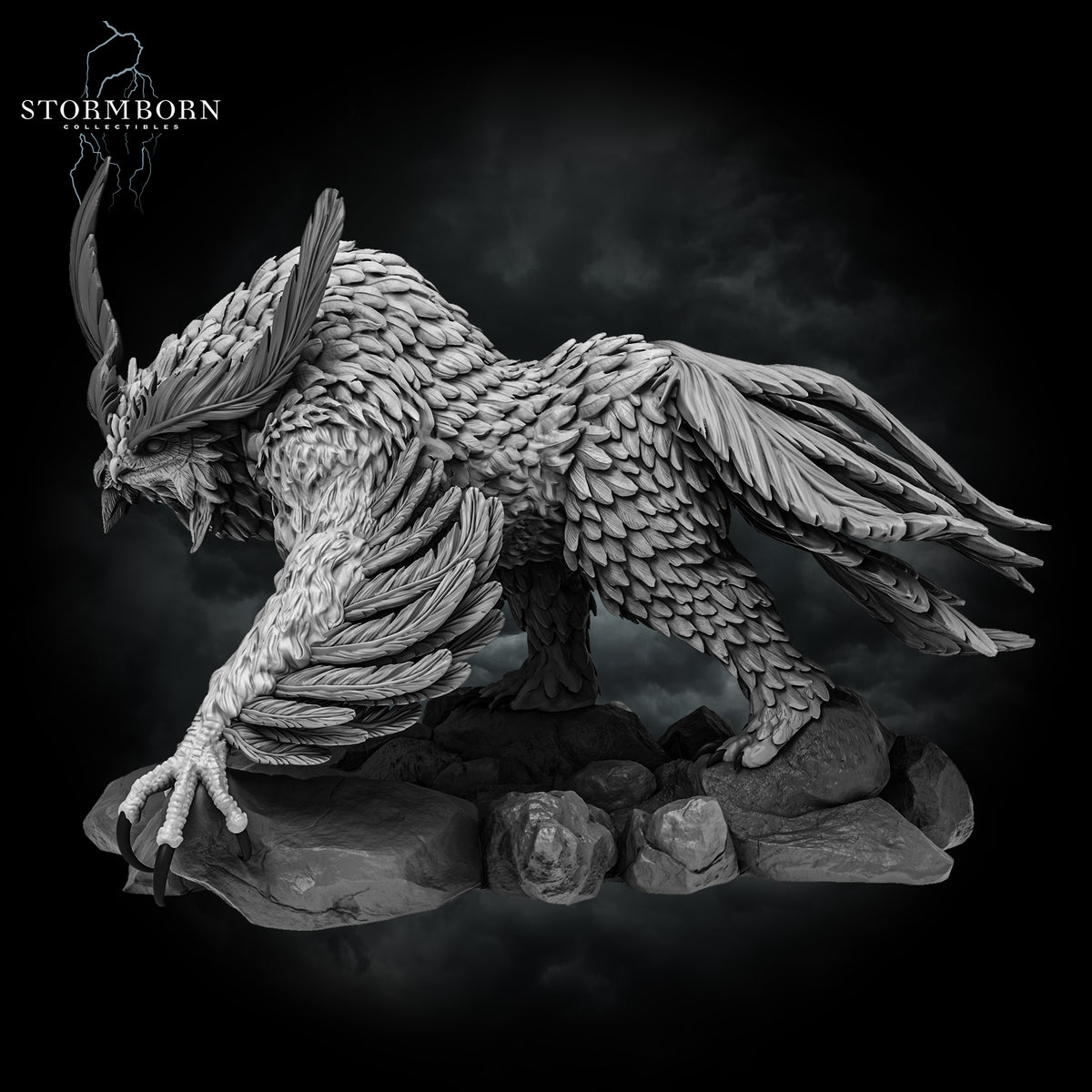 Digital render three-quarter view displaying the long feather crests of the Titancrest Owlbear by Stormborn Collectibles.