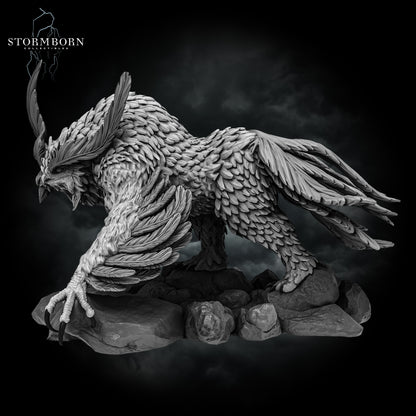 Digital render three-quarter view displaying the long feather crests of the Titancrest Owlbear by Stormborn Collectibles.