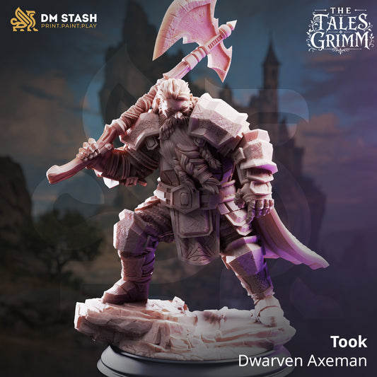 Took Dwarven Axeman resin miniature by DM Stash holding a double-headed battleaxe over his shoulder on a rocky base.