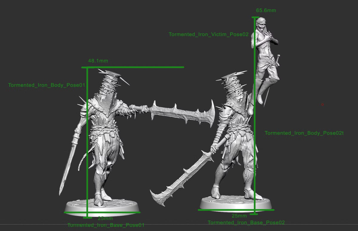 Tormented Iron Pose 1 and Pose 2 undead miniatures shown with 25mm round bases and sculpt height measurements of 48.1mm and 65.6mm.