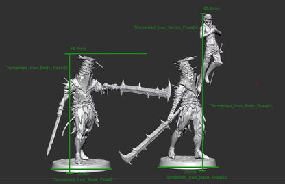 Tormented Iron Pose 1 and Pose 2 undead miniatures shown with 25mm round bases and sculpt height measurements of 48.1mm and 65.6mm.