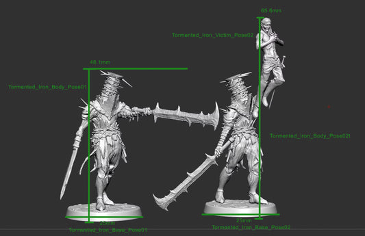 Tormented Iron Pose 1 and Pose 2 undead miniatures shown with 25mm round bases and sculpt height measurements of 48.1mm and 65.6mm.