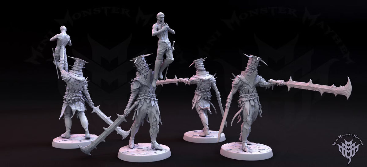 Tormented Iron undead Death Knight miniatures in two poses featuring towering spiked helmets, heavy armor, chains, and massive jagged weapons.