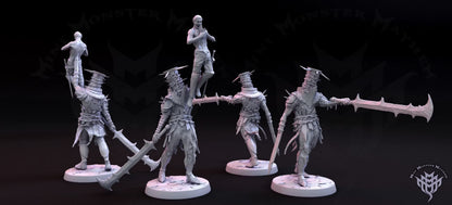 Tormented Iron undead Death Knight miniatures in two poses featuring towering spiked helmets, heavy armor, chains, and massive jagged weapons.
