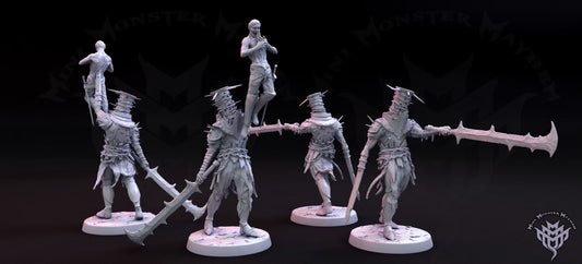 Tormented Iron undead Death Knight miniatures in two poses featuring towering spiked helmets, heavy armor, chains, and massive jagged weapons.