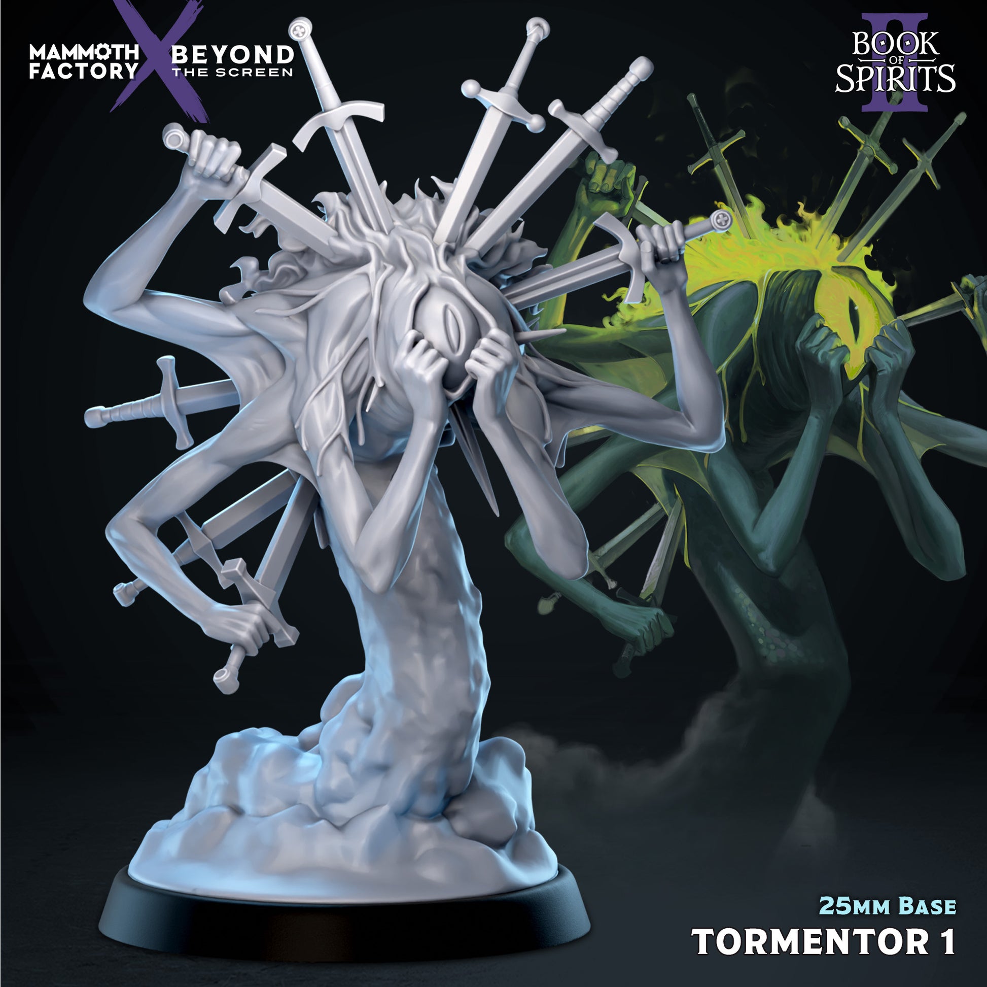 Front view render of Tormentor 1, a multi-armed nightmare spirit miniature with a large singular eye on its face covered by clutching hands, with several medieval swords pierced through its back, rising from a smoky cloud base.