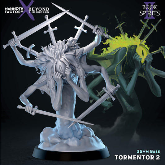 Front view render of Tormentor 2, showing the same multi-limbed horror creature gripping the hilts of its back-pierced swords with active, threatening hand placements.
