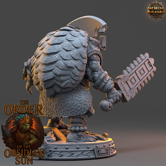 Rear view of Totomac Flamescale Tortle Fighter miniature showing the detailed shell and equipment.