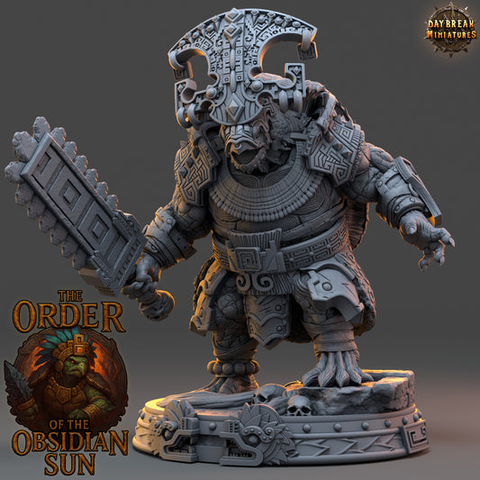 Totomac Flamescale Large Tortle Fighter miniature with a broad shell and oversized cleaver-like weapon.
