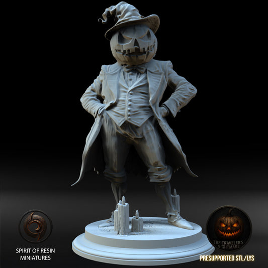 Pumpkin Gentleman Halloween miniature with carved pumpkin head, witch hat, formal coat, and candles.