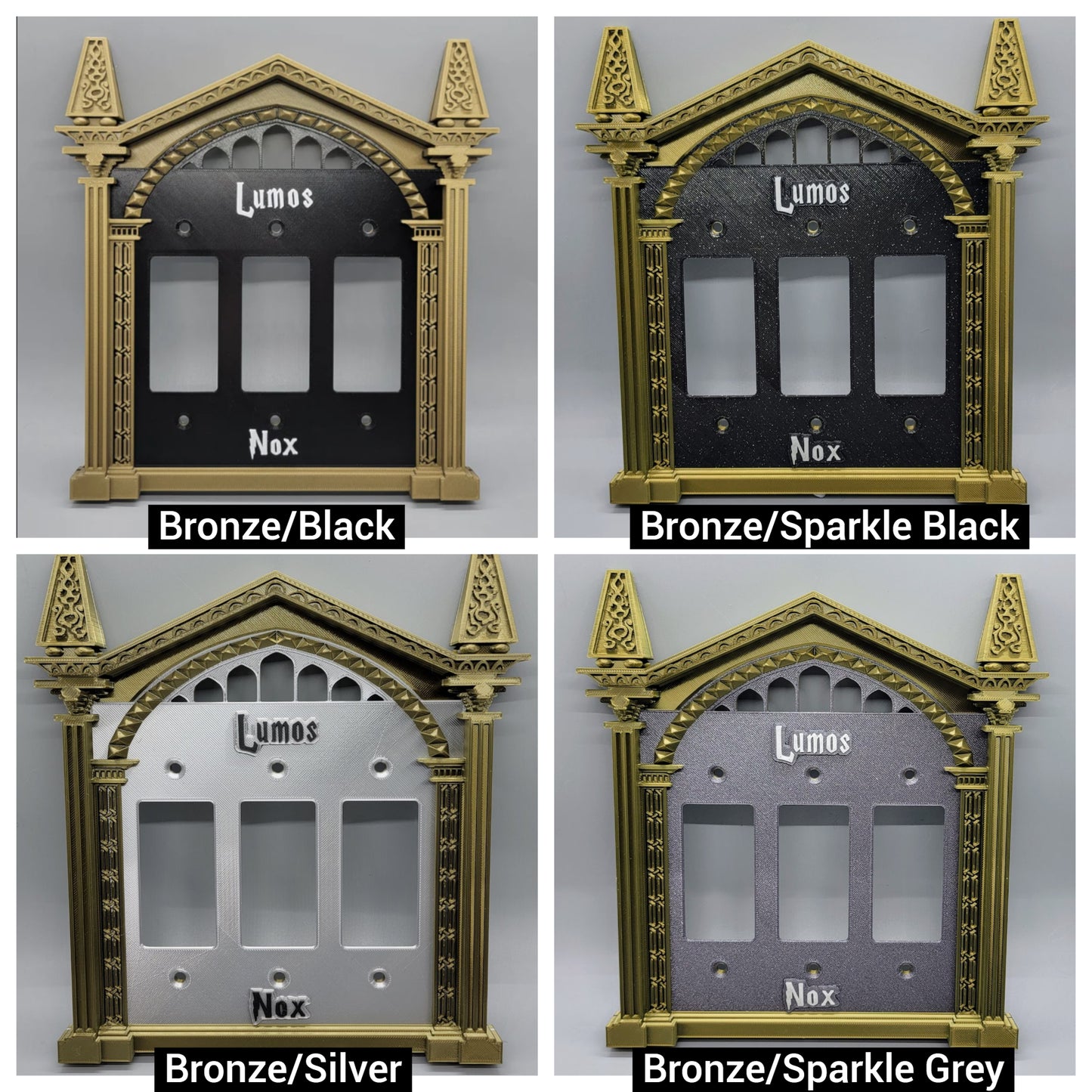 Triple Rocker switch plate examples with custom options for the wizard inspired decorative wall plate designs