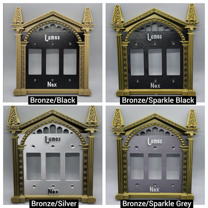 Triple Rocker switch plate examples with custom options for the wizard inspired decorative wall plate designs