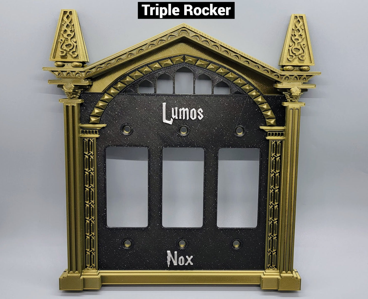 Triple rocker wizard light switch cover with custom magical wall plate design. Shown in Bronze Frame, Sparkle Black Plate, with White Lumos, and Glow in the dark Nox Letter options.